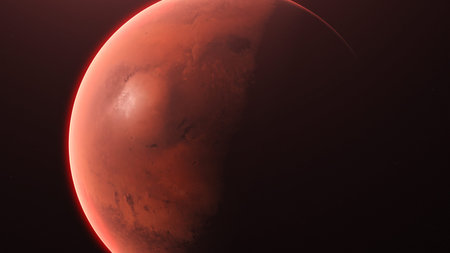 View of the planet Mars from space during a sunrise. 3d rendering