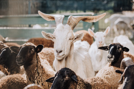 goat grazing with brown sheep in corral at farm