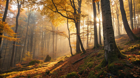 A forest with trees in the foreground and background. The sun is shining through the trees, creating a warm and peaceful atmosphere