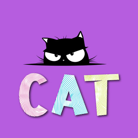 Cat vector illustration. Cute black cat with big eyes and lettering Cat.のイラスト素材