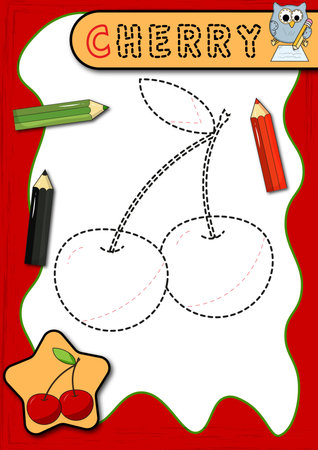 Worksheet for practicing fine motor skills - tracing dashed lines of cherryのイラスト素材