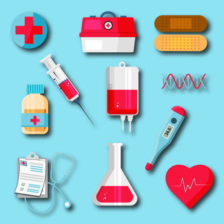 Medical icons set with stethoscope, first aid kit, blood test tube, syringe and pills isolated vector illustration.のイラスト素材