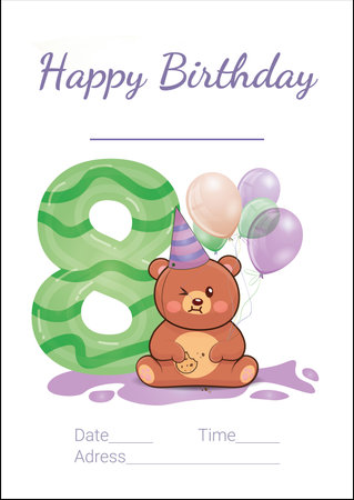 Happy birthday card with cute teddy bear and number eight. Vector illustration.のイラスト素材