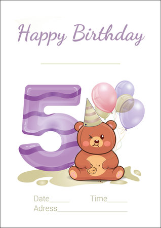 Cute birthday card with teddy bear and number 5. Vector illustration.のイラスト素材