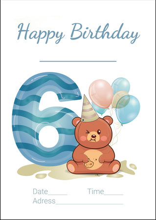 birthday card with teddy bear and number 6, vector illustrationのイラスト素材