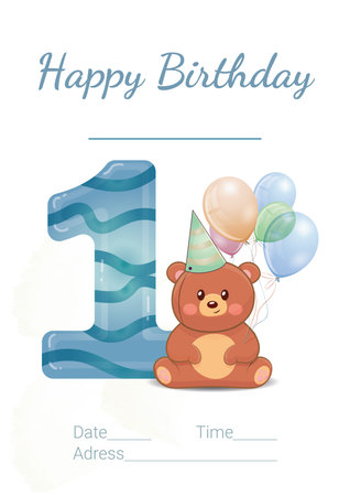 Birthday card with number one and teddy bear, vector illustrationのイラスト素材