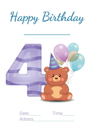 Happy birthday card with teddy bear and number 4. Vector illustration.のイラスト素材