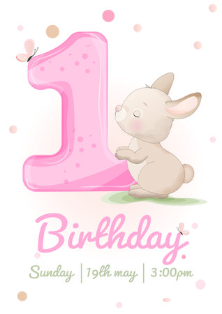 Cute baby shower card with number 1 and bunny. Vector illustration.のイラスト素材