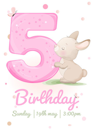 Cute baby shower card with number 5 and bunny. Vector illustration.のイラスト素材