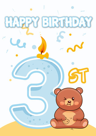 Happy birthday card with teddy bear and number three. Vector illustration.のイラスト素材