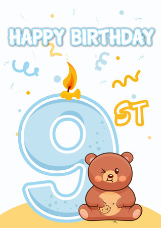 Happy birthday card with teddy bear and number 9 - vector illustrationのイラスト素材