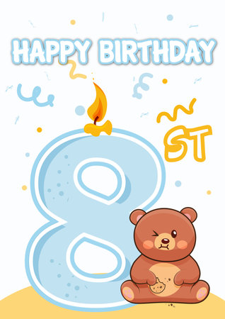 Happy birthday card with number eight and teddy bear vector illustration graphic designのイラスト素材