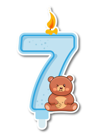 Number 7 with teddy bear and a candle on a white backgroundのイラスト素材