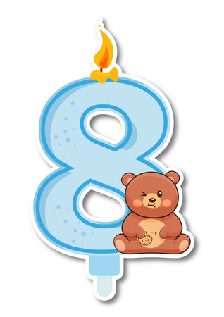 Number 8 with teddy bear and candle on white background. Vector illustration.のイラスト素材