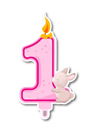 Number 1 with cute bunny and candle on a white background. Vector illustrationのイラスト素材