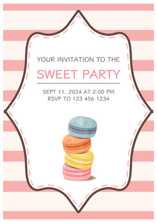 Cute card with colorful macaroon on striped background. Vector illustrationのイラスト素材