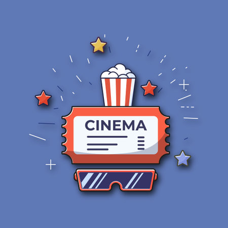 Cinema ticket with 3d glasses and popcorn. Vector illustration.のイラスト素材
