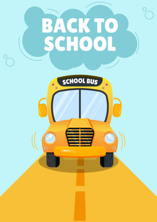 Back to school poster with yellow school bus. Vector illustration in flat styleのイラスト素材