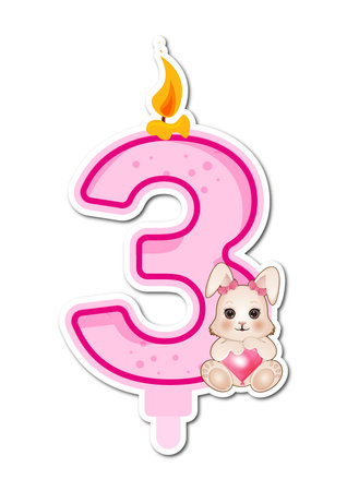 Number three with cute bunny and candle on white background. Vector illustration.のイラスト素材