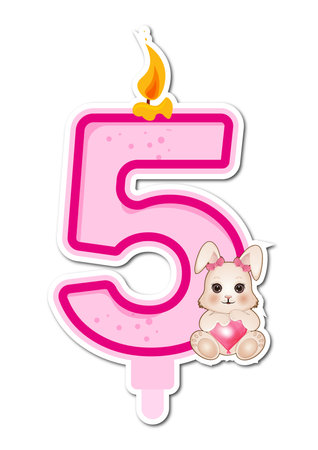 Number 5 with cute bunny and heart on white background. Vector illustration.のイラスト素材