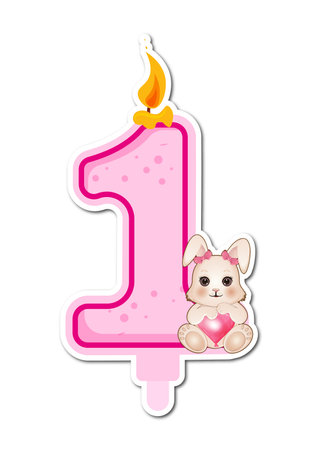 Number 1 with cute dog and candle on white background. Vector illustration.のイラスト素材