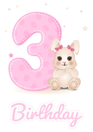 Cute baby shower card with number three and bunny. Vector illustration.のイラスト素材
