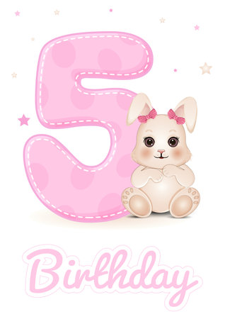 Cute baby shower card with number 5. Cartoon vector illustration.のイラスト素材