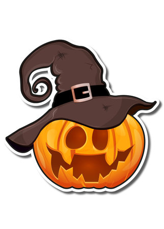 Halloween pumpkin cartoon sticker with witch hat isolated on white background illustrationのイラスト素材