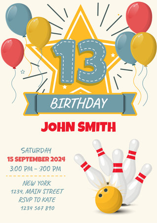 Birthday invitation card with bowling elements. Vector illustration in retro style.のイラスト素材