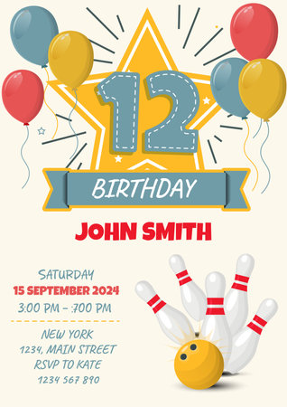 Birthday invitation card with bowling ball and pins. Vector illustration.のイラスト素材