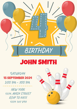 Birthday invitation card with bowling elements. Vector illustration in retro style.のイラスト素材