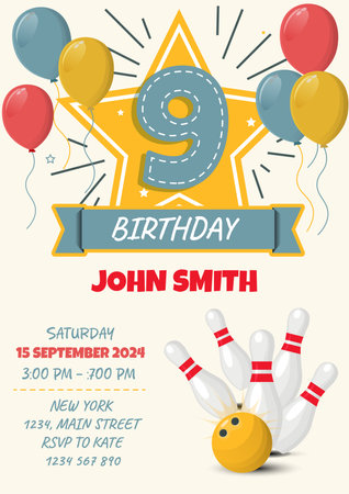 Birthday invitation with number nine and bowling elements. Vector illustration.のイラスト素材