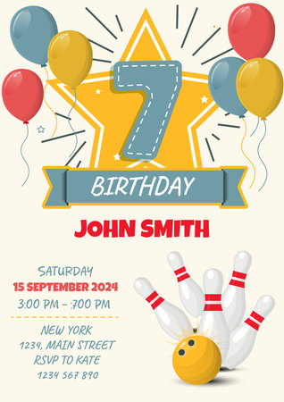 birthday invitation card with bowling ball and pins, vector illustration.のイラスト素材