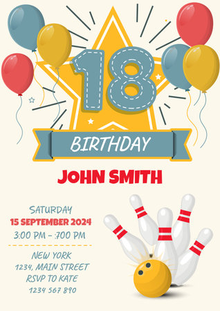 Birthday invitation card with bowling ball and pins. Vector illustration.のイラスト素材