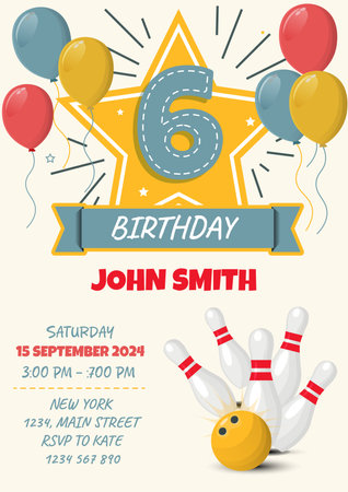 Birthday invitation card with bowling ball, pin and number 6.のイラスト素材
