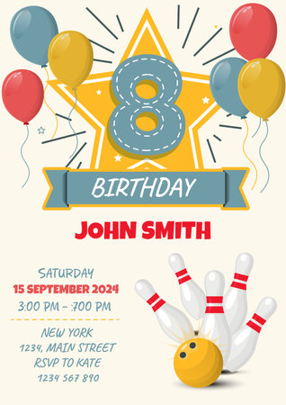 Birthday invitation card with bowling ball and pins. Vector illustration.のイラスト素材