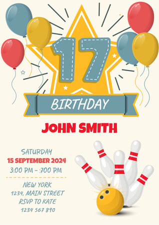 Birthday invitation card with bowling ball and pins. Vector illustration.のイラスト素材