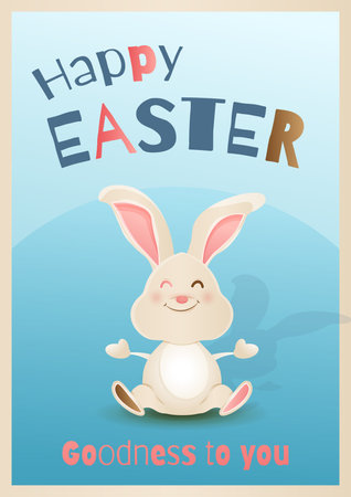 Happy Easter greeting card with cute cartoon bunny on blue background. Vector illustration.のイラスト素材