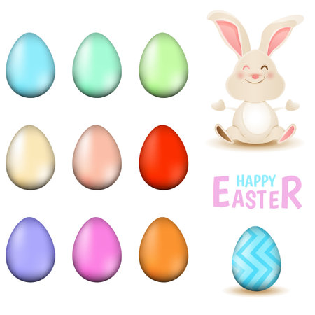 Easter bunny and colorful eggs isolated on white background. Vector illustration.のイラスト素材