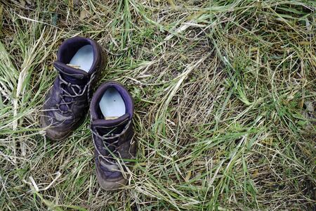 dirty hiking shoesの写真素材