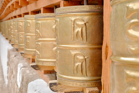 dharma wheel monastery of Alchi, ladakh, Indiaの写真素材