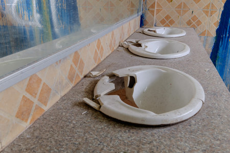 dirty and broken of sink in rest roomの写真素材