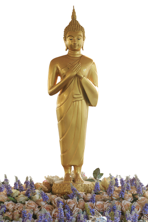 Standing Buddha image in the temple made from mental for Songkran festival day or Thai new yearの写真素材