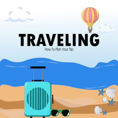 Traveling banner with suitcase, hot air balloon and seashells. Vector illustrationのイラスト素材