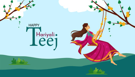 Haryali Teej is a vibrant Hindu festival celebrated mainly by women, marked by fasting, traditional attire, and joyful songs and dancesのイラスト素材