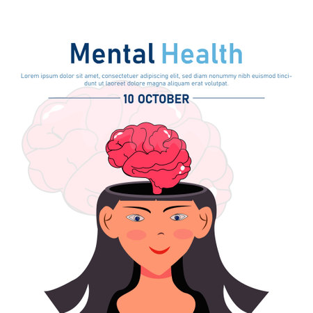 Vector illustration of mental health. Woman with brain in her head.のイラスト素材