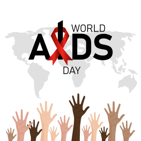 world aids day poster with hands up and red ribbon vector illustration designのイラスト素材