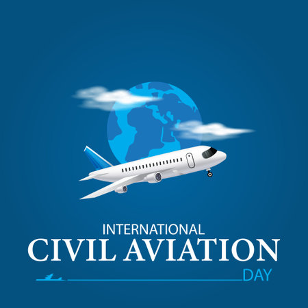 International Civil Aviation Day. Vector illustration. Airplane flying in the sky.のイラスト素材