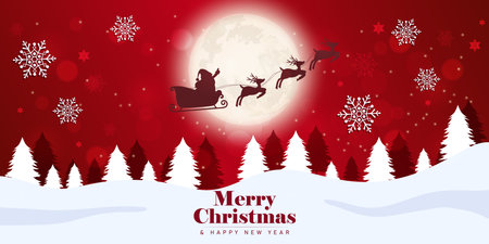 Merry Christmas and Happy New Year background with Santa Claus flying in sleigh with reindeer.のイラスト素材