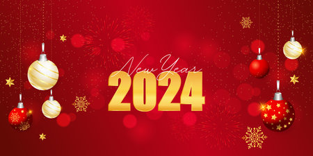 Happy New Year 2024 background with Christmas balls and fireworks. Vector illustration.